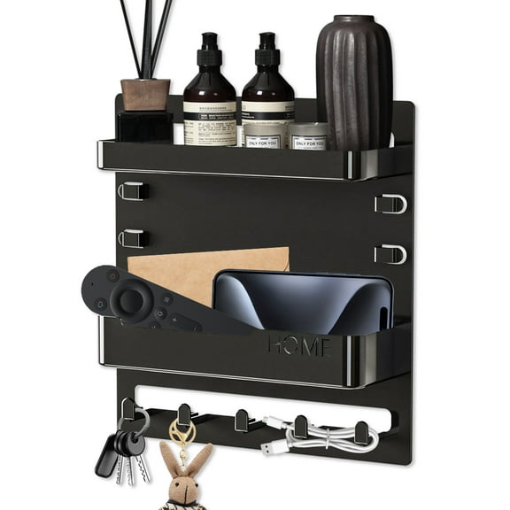 Bedside Shelf, Wall Mount Organizer with Hooks and Cable Clips for Phone, Remote, Earphone, Black Plastic