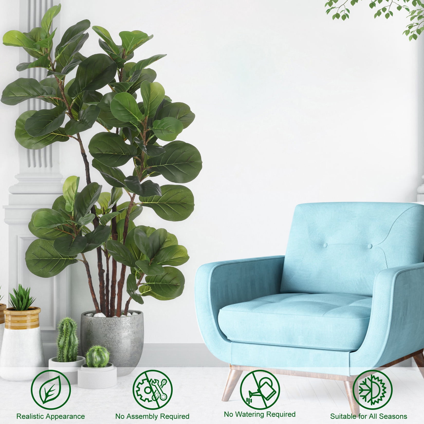 HOBLOC Artificial Fiddle Leaf Fig Tree, 4ft/47in Faux Ficus Lyrata Tree with 72 Leaves in Pot, Fake Green Plant for Home Office Indoor Outdoor Decor, Housewarming Gift