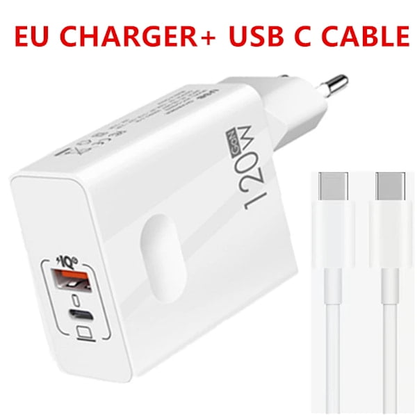 USB-C 120W Gan Supersnabb PD-Laddare för Bärbara, Tabletter, 15-tums iPad, Macbook, Oppo, Samsung, Xiaomi USB Snabbladdningsadapter EU-laddare Kabel