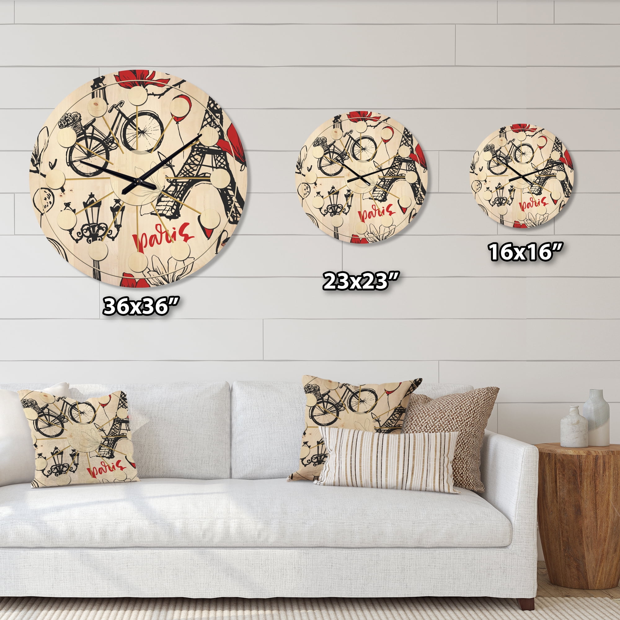 Designart 'Vactor Illustration Paris Eiffel ' Mid-Century Modern Wood Wall Clock