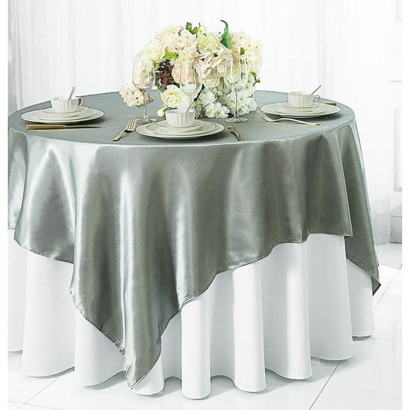 Wedding Linens Inc. 85 inch Square Satin Table Overlay Toppers - Silver