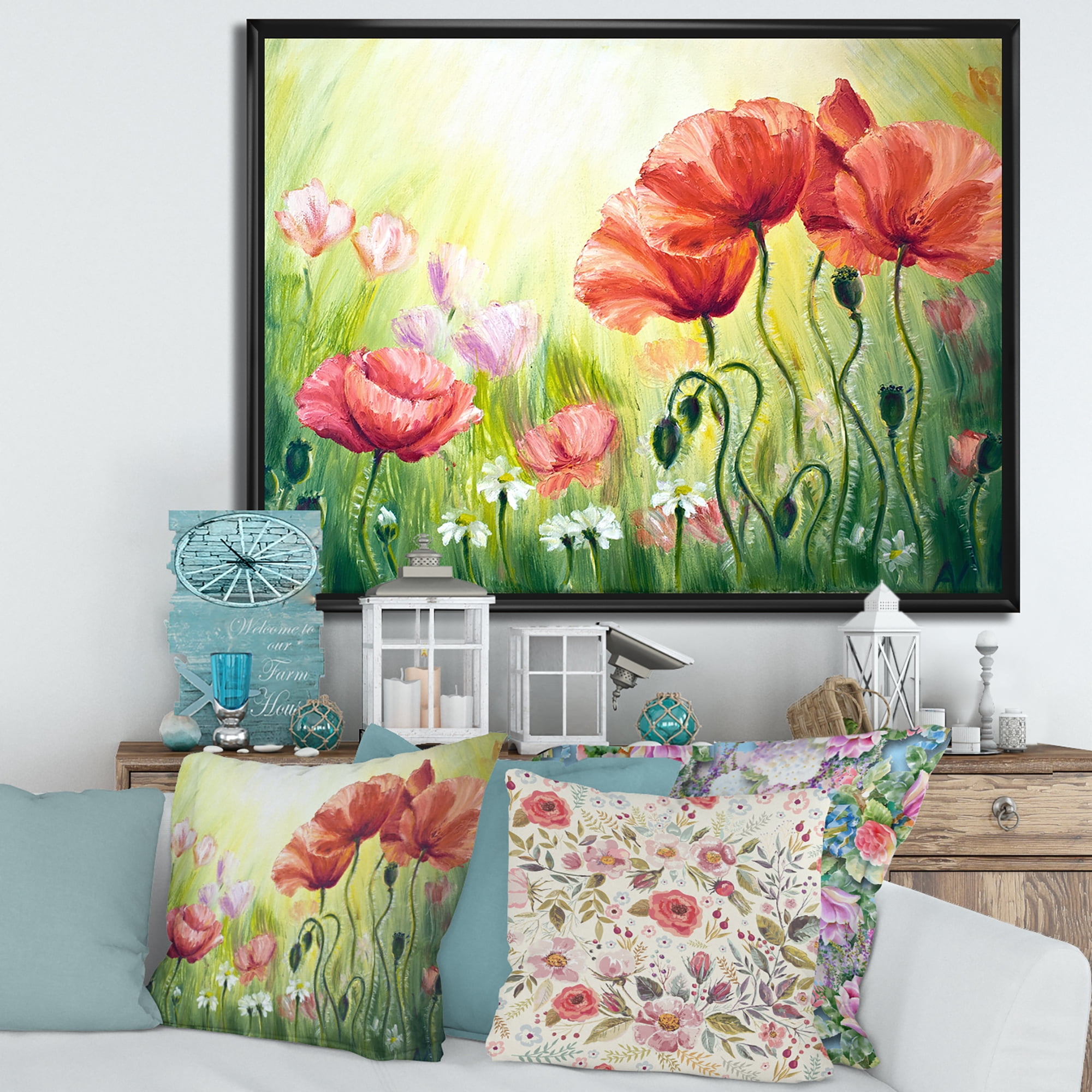 Designart 'Blossoming Red and Purple Poppies In The Morning I' Traditional Framed Canvas Wall Art Print