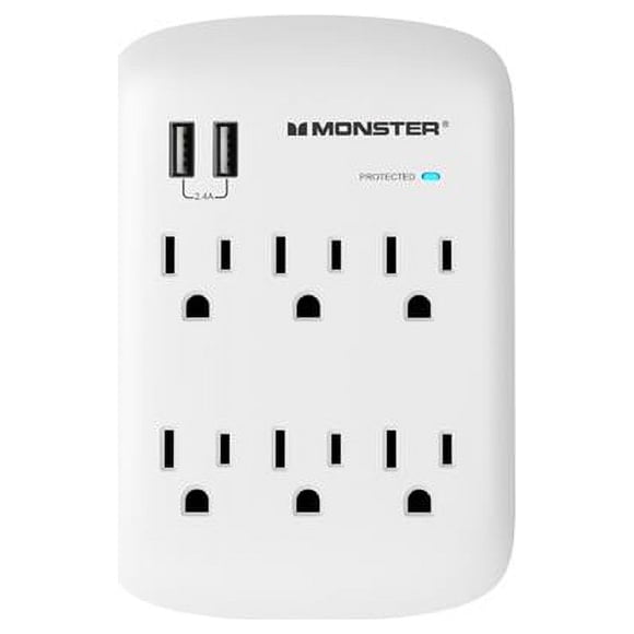 Monster 3001089 Just Power it Up 1200J 6 Outlets Wall Tap Design Surge Protector