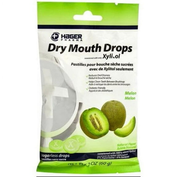 Hager Pharma Dry Mouth Drops Xylitol, Sugarless Natural Melon Flavor, 2 oz
