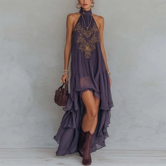 Morttic Women's Elegant Embroidered Sleeveless Halter Sexy Backless Ruffle Hem Maxi Dress Boho Summer Beach Vacation Gown Purple,S