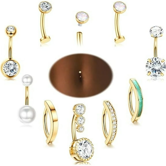9Pcs 14K Gold Plated Belly Button Rings, Surgical Steel Hypoallergenic Navel Piercings, CZ & Pearl Clicker Belly Rings for Women, Summer Beach Party Jewelry Gift Set