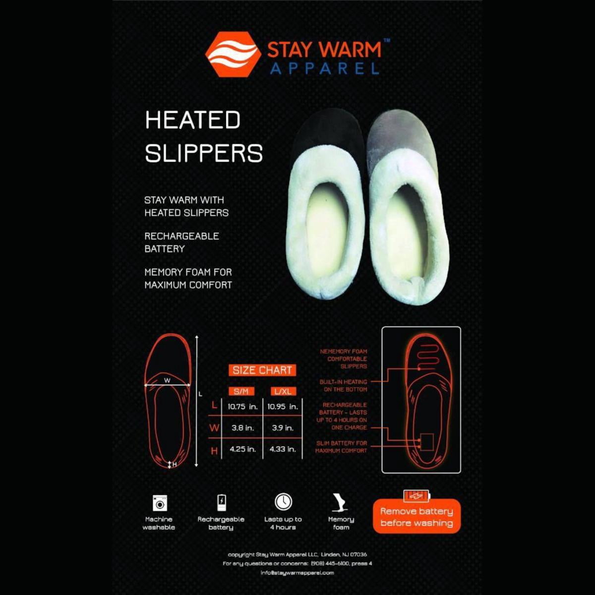 Stay Warm Apparel Memory Foam Heated Slipper With Rechargeable Battery - S/M - Black