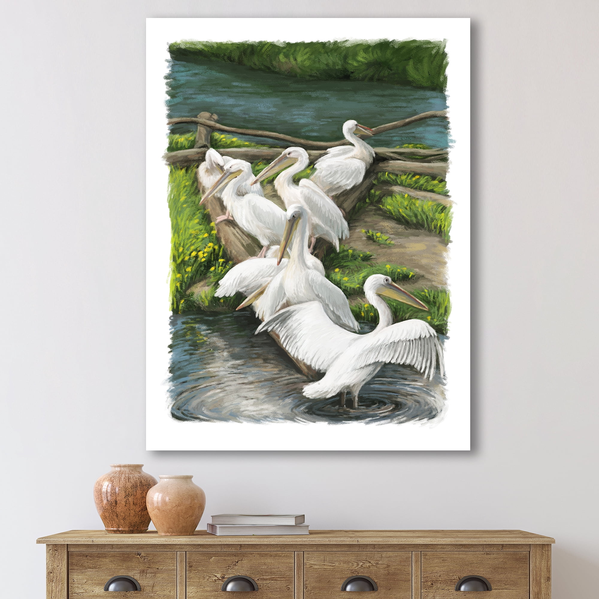 Designart ' Pelicans Resting Near The river Water ' Traditional Canvas Wall Art Print