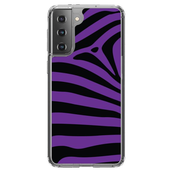 DistinctInk Clear Shockproof Hybrid Case for Galaxy S21  PLUS 5G (6.7" Screen) - TPU Bumper, Acrylic Back, Tempered Glass Screen Protector - Black Purple Zebra Skin Stripes