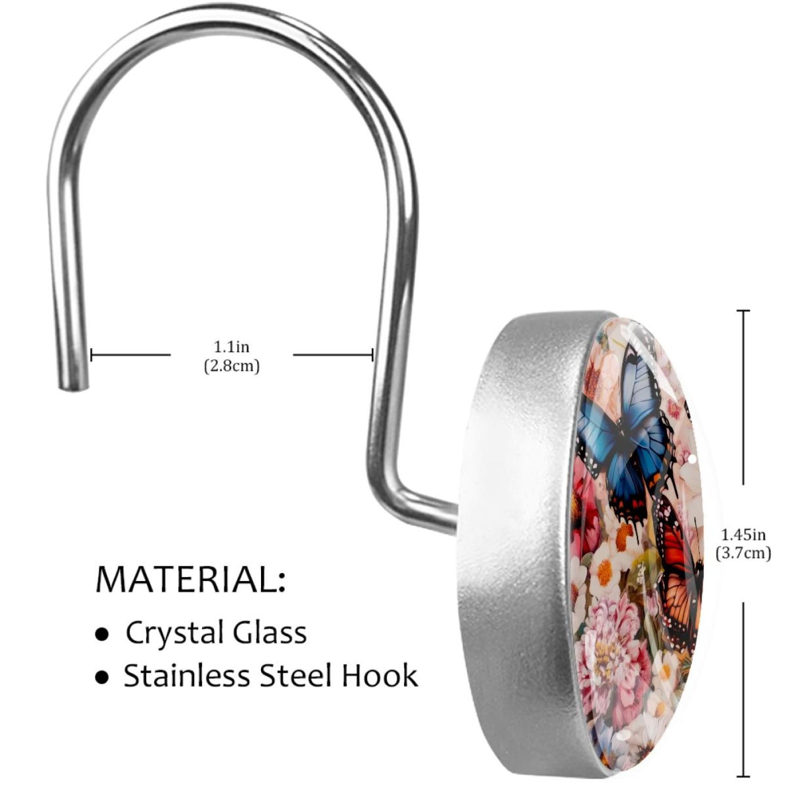 Butterfly on Blossom Chrysanthemum Daisy Shower Curtain Hooks Round Crystal Glass, Set of 12 Shower Curtain Rings - Shower Hooks for Curtain Shower Rings
