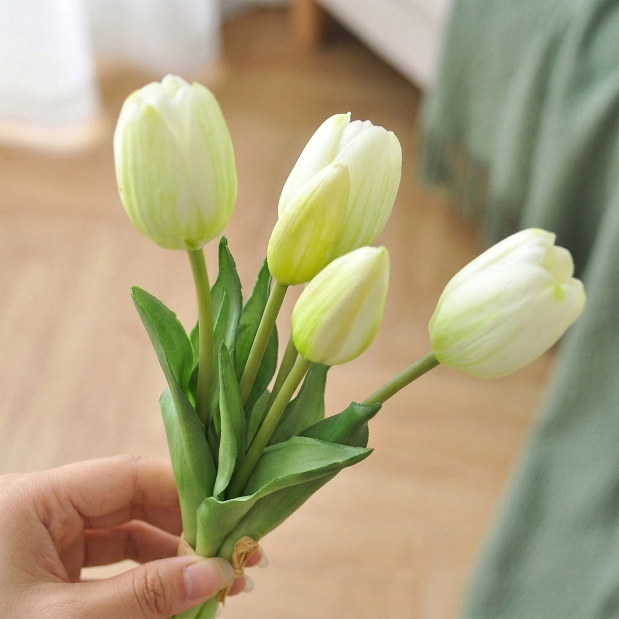 Unique Bargains Artificial Tulips Flowers 5 Pcs Silk Tulips Bouquet White 9.8 in