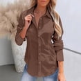 thumbnail image 2 of Shirts for Women Trendy, Yigetop Fall Long Sleeve Shirts for Women Cotton Linen Button Down Blouses Ruched Stand Collar Tops Blusas Elegantes Para Mujer Brown, XS, 2 of 7