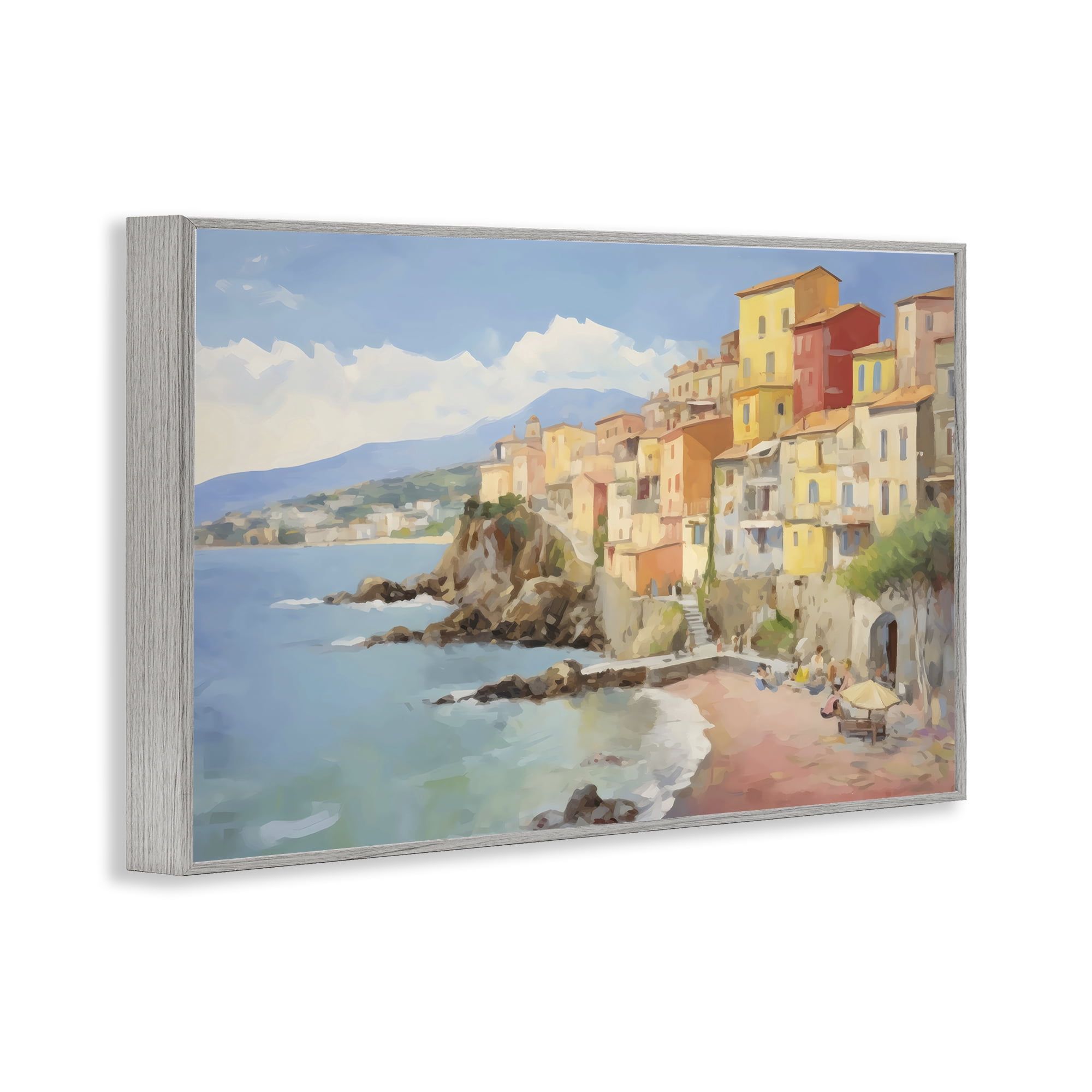 Stupell Industries Colorful Coastal Town by Sea Gray Framed Giclee Art, design by Creative Studio