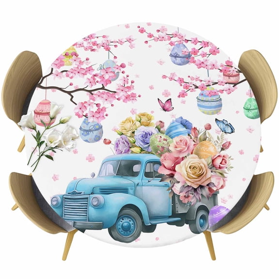 Spring Easter Round Tablecloth 55-60 Inch Round Fitted Table Cloth with Elastic Edge, Easter Eggs Tree Floral Blue Truck Waterproof Table Cover Protector for Outdoor Picnic Party Dining