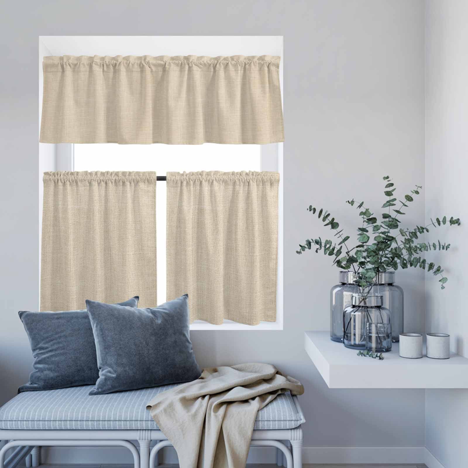 Kitchen Window Curtains Valance and Tier Set, Vintage Country Beige Linen Texture Rod Pocket Tier Curtains and Valance 3 Piece Set, Farm Burlap Window Treatment for Bedroom Living Room