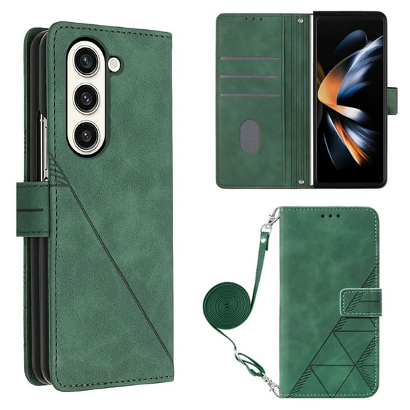 Nalacover For Samsung Galaxy Z Fold 5 Card Slot Case,Shockproof Premium PU Leather Magnetic Clasp Flip Stand Wallet for Women Men Cover with Removable Adjustable Crossbody Shoulder Strap,Darkgreen