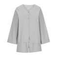thumbnail image 5 of Two Piece Linen Sets for Women Dressy Casual Outfits Long Sleeve Light Loose Button-up V Neck Shirt and Shorts Set,Gray,3XL, 5 of 5