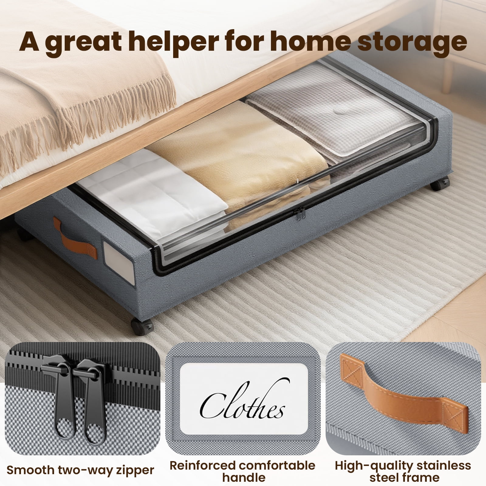 Torio Under Bed Storage with Wheels, 2 Pack Under Bed Storage Containers with Clear Lids, Rolling Organizer Drawers for Clothes Shoes Blankets