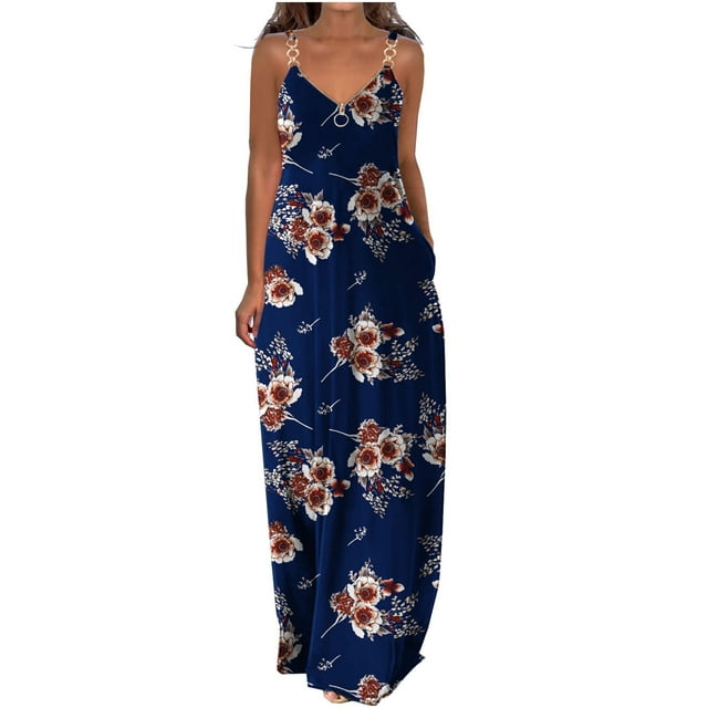 QIPOPIQ Robe Maxi pour Femmes Été Décontractée Col en V Sans Manches Unie/florale Imprimée Robe d'Été Élégante Longue avec Poches