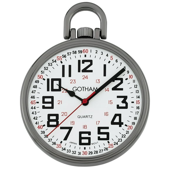 Gotham Men's Gunmetal Thin Railroad Dial 24 Hour Open Face Quartz Pocket Watch # GWC15029B