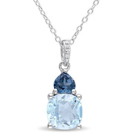 Tangelo 3 Carat T.G.W. Blue Topaz with Diamond-Accent Sterling Silver Round Drop Pendant, 18