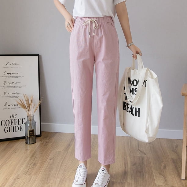 Pantalones de algodón de talla grande para mujer, pantalones hasta los tobillos, pantalones Hallen de color liso, pantalones de algodón y lino, pantalones de rábano, pantalones casuales sueltos