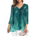 thumbnail image 2 of Pxiakgy Dressy Tops for Women Women's Casual Solid Tops Print V Neck Irregular Long Sleeve T Shirt Blouses 3/4 Sleeve Tunic Tops Asymmetric Hem Blouses Lightweight Mesh Shirt Flowy Work Shirts Green M, 2 of 5