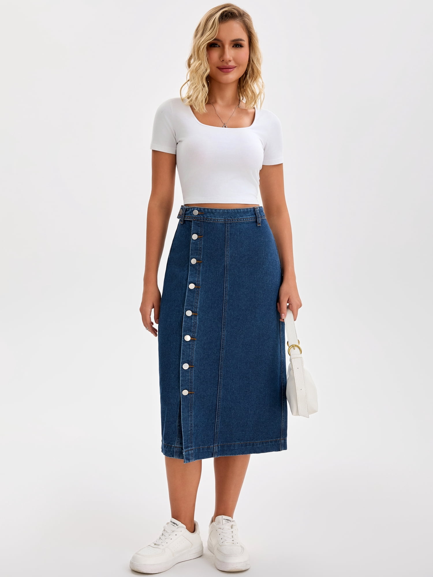 DARING DIVA Women's Denim Midi Skirt Button Up Slit Jean Skirts X-Large Dark Blue