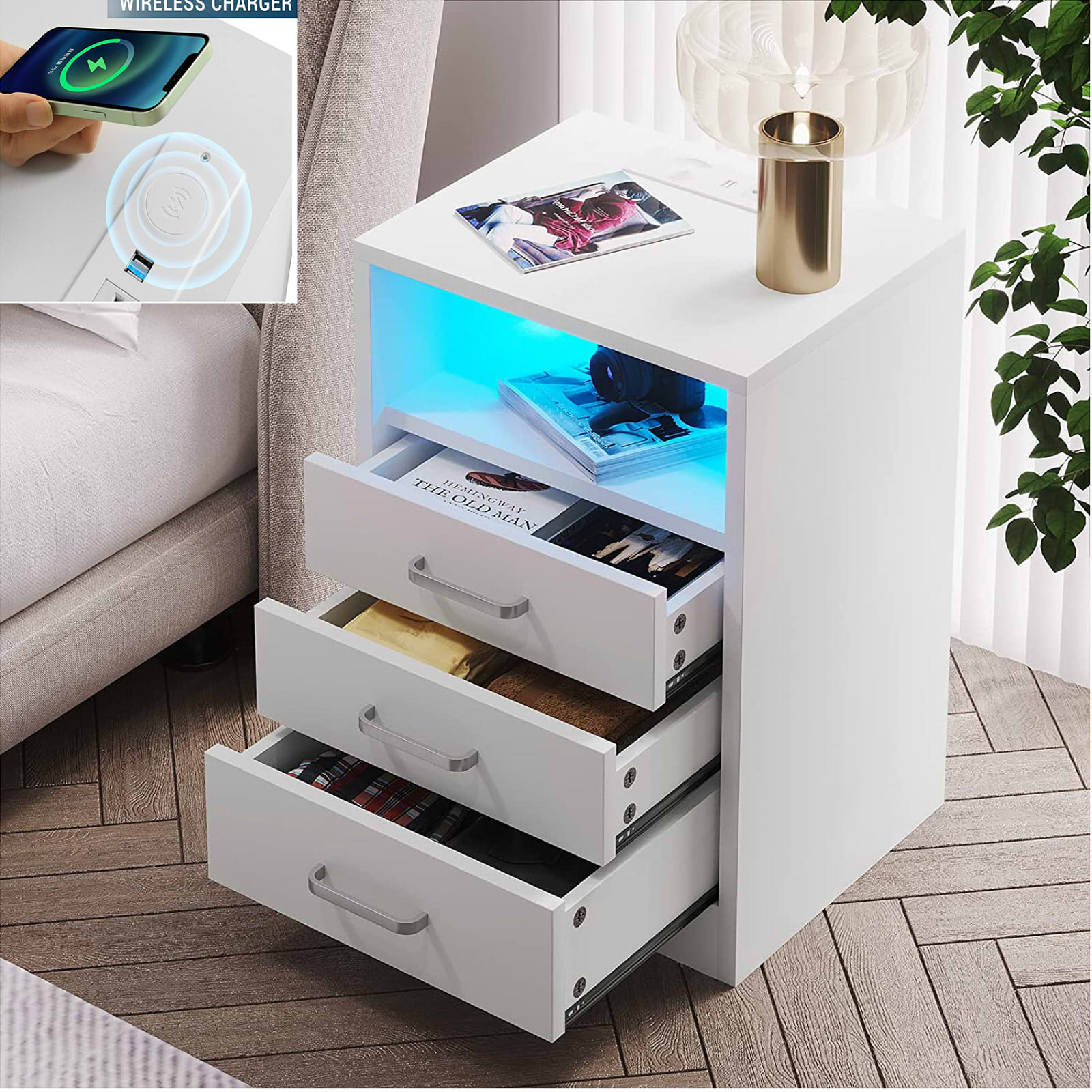 White Bedside Table Nightstand with Wireless Charging Station LED Night Stand with 3 Drawers
