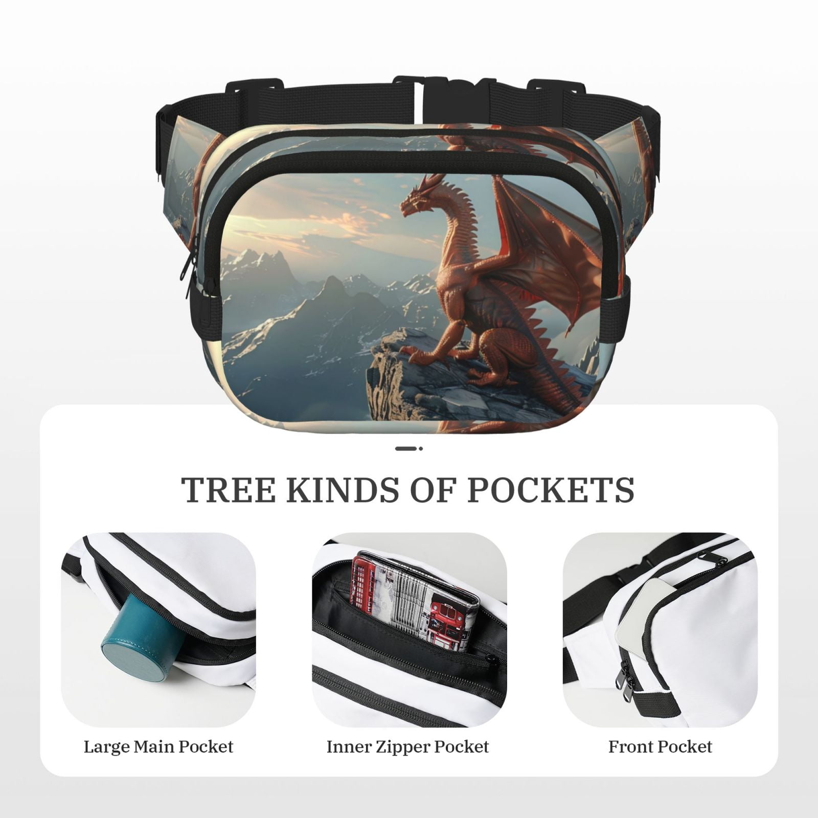 Picia Red Dragon Mountain Sunrise Print Square Double-Layer Waist Bag Mini Adjustable Waist Belt Bag Exercise Running Travel Hiking