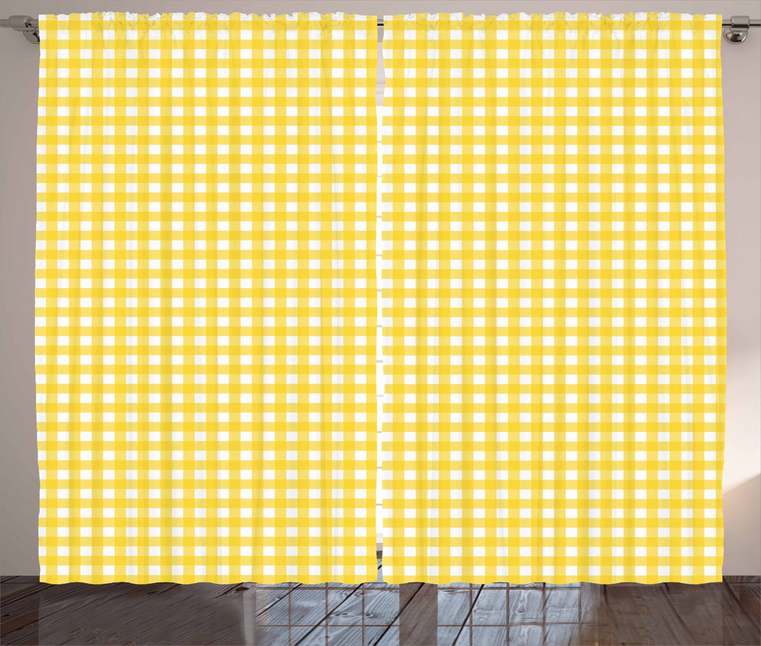 Checkered Curtains 2 Panels Set, Classic English Pattern in Yellow
