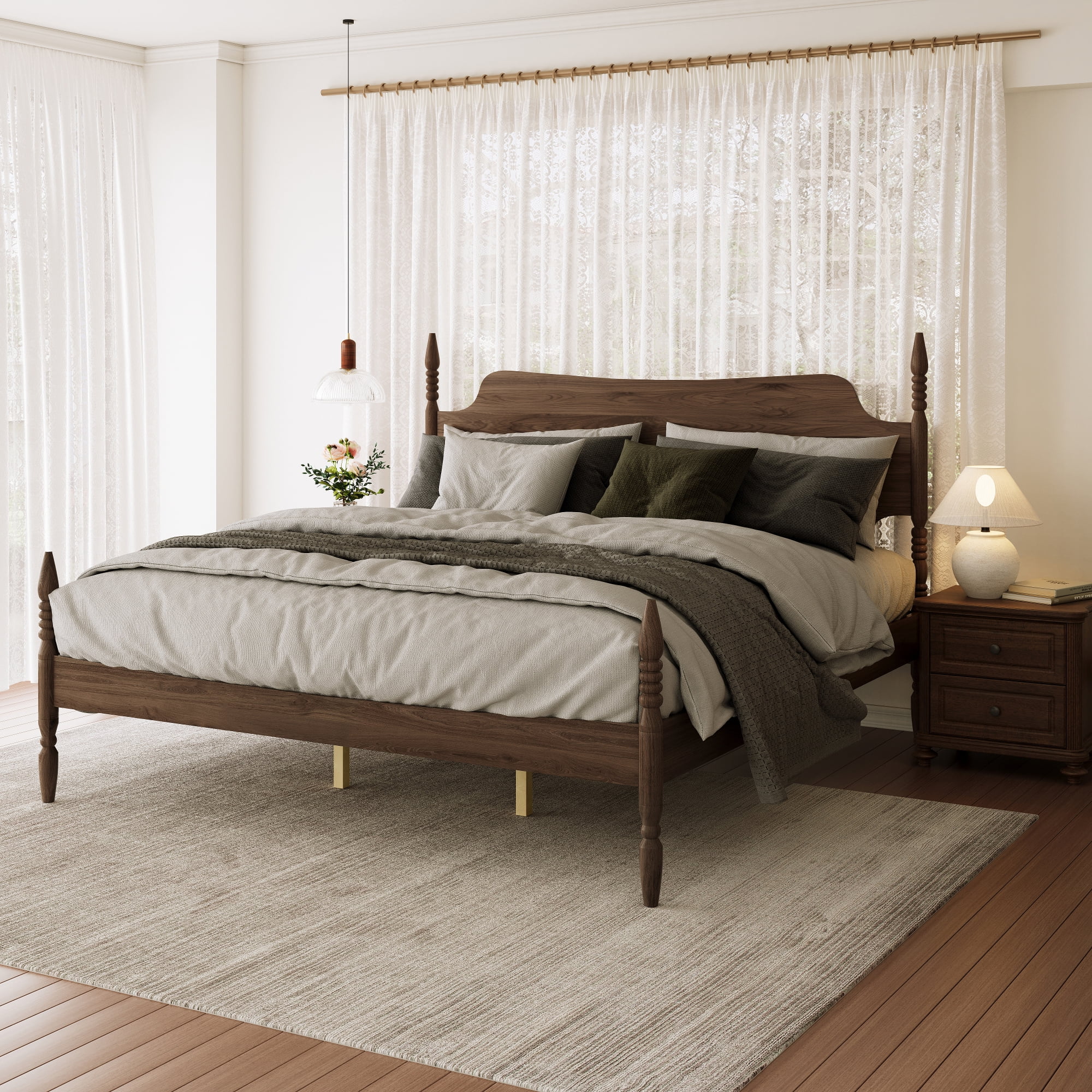 Leumius King Size Platform Bed Frame, Spindle Bed with Curved Tall Headboard, No Box Spring Needed, Retro Four Poster Bed for Teens Adults Walnut