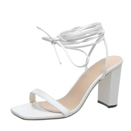 

WANYNG Ladies Solid Color Leather Anklet Strap Chunky High Heel Fashion Sandals Strap up Sandals for Women Flats Lace up Size 8 Shoes