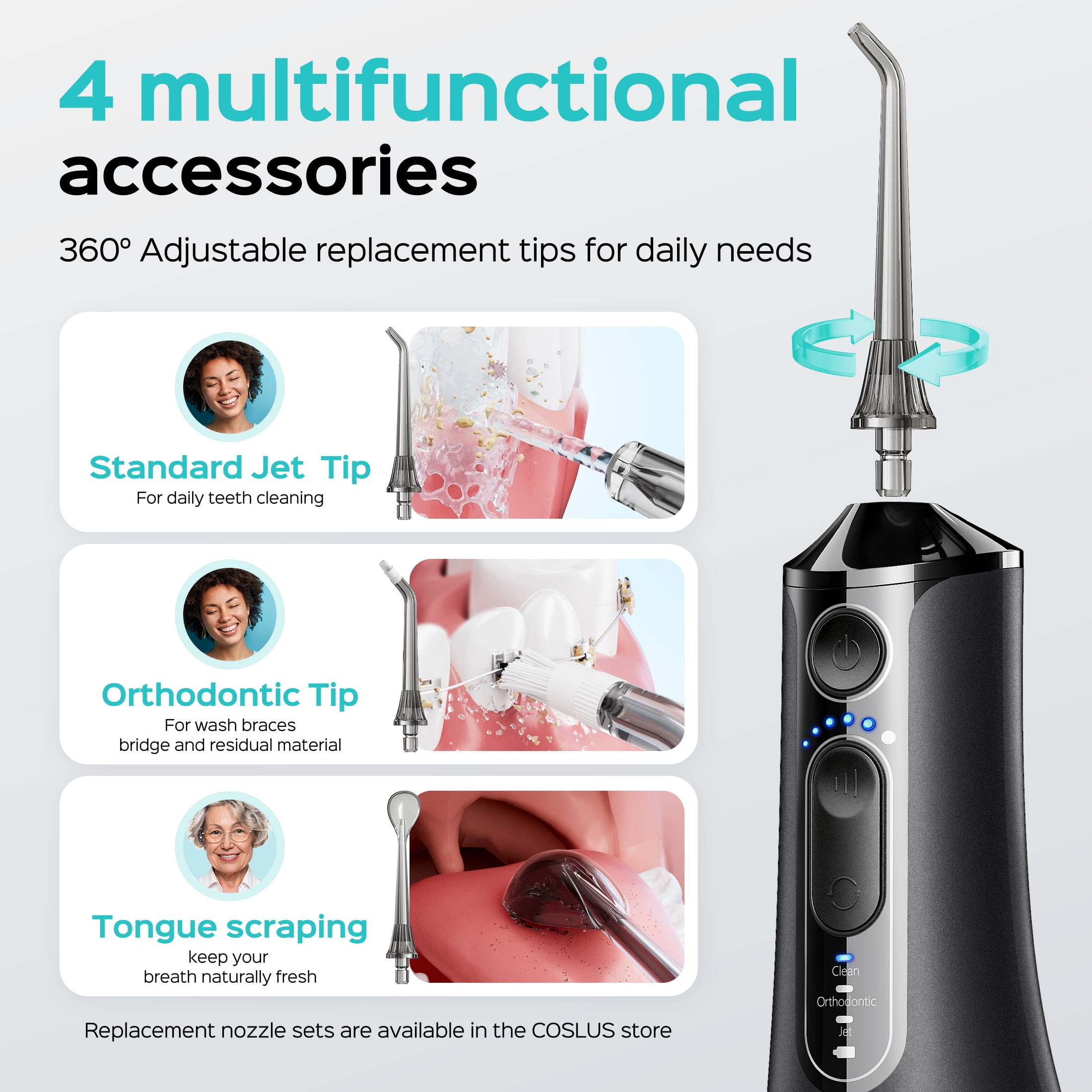 COSLUS CX51 Portable Water Flosser for Teeth,3 Modes 6 Intensity Professional Electric Water Dental Pick for Sensitive Gums, Braces for Travel Home Black