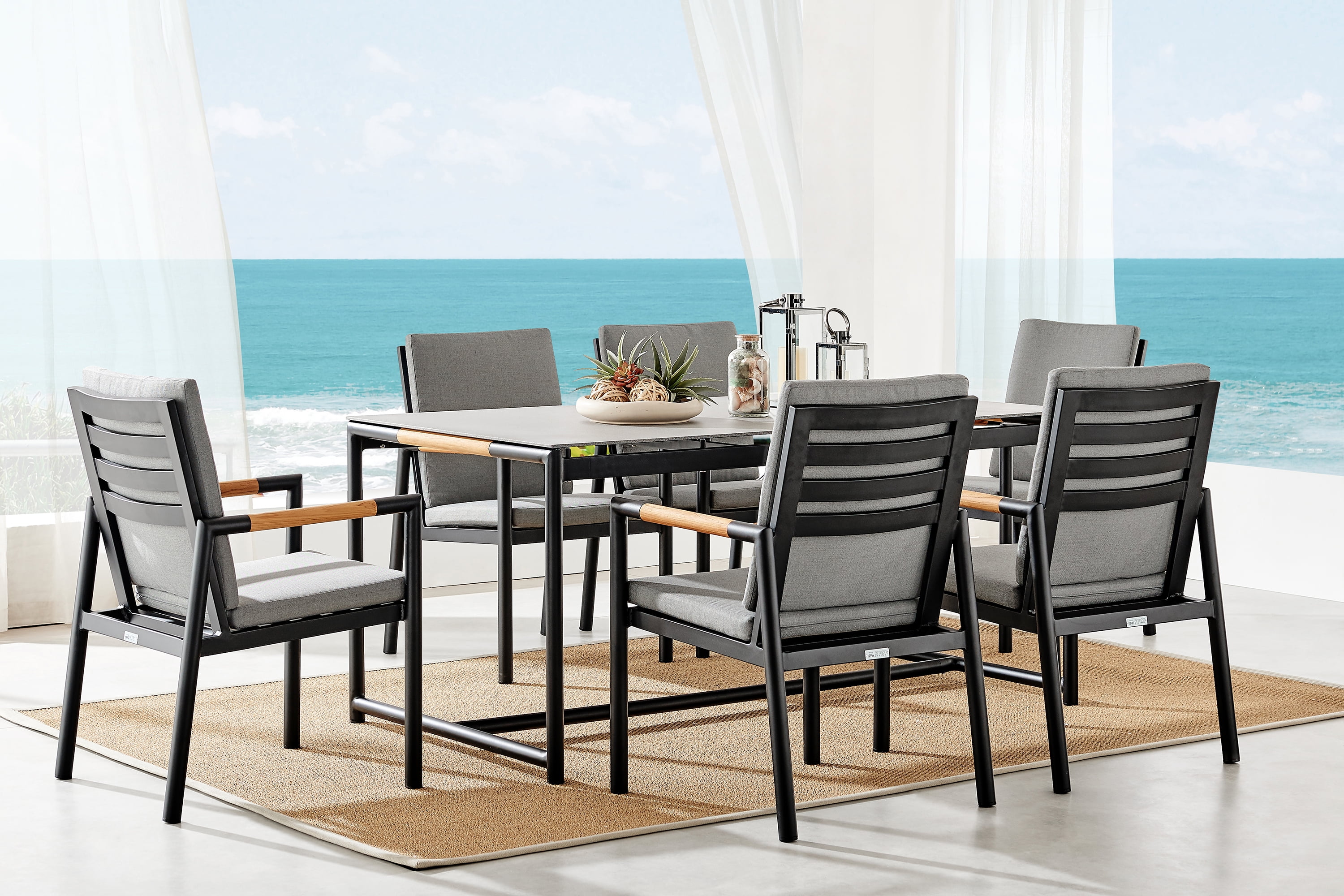 Crown 7 Piece Black Aluminum and Teak Outdoor Dining Set with Dark Gray ...