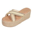 thumbnail image 3 of Rokment Boho Platform Espadrilles Slip on Dress Sandals for Women 2026 Beach Summer Crochet Straw Footbed Chunky High Heels Wedge Walking Slides Slippers Beige Size 6.5, 3 of 5