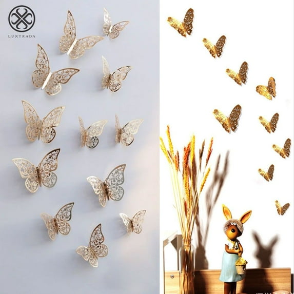 Luxtrada 12pcs/set 3D Butterfly Wall Stickers Removable Mural Stickers DIY Art Wall Decals Decor with Glue for Bedroom Wedding Party Home Decoration (TypeC,Champagne)