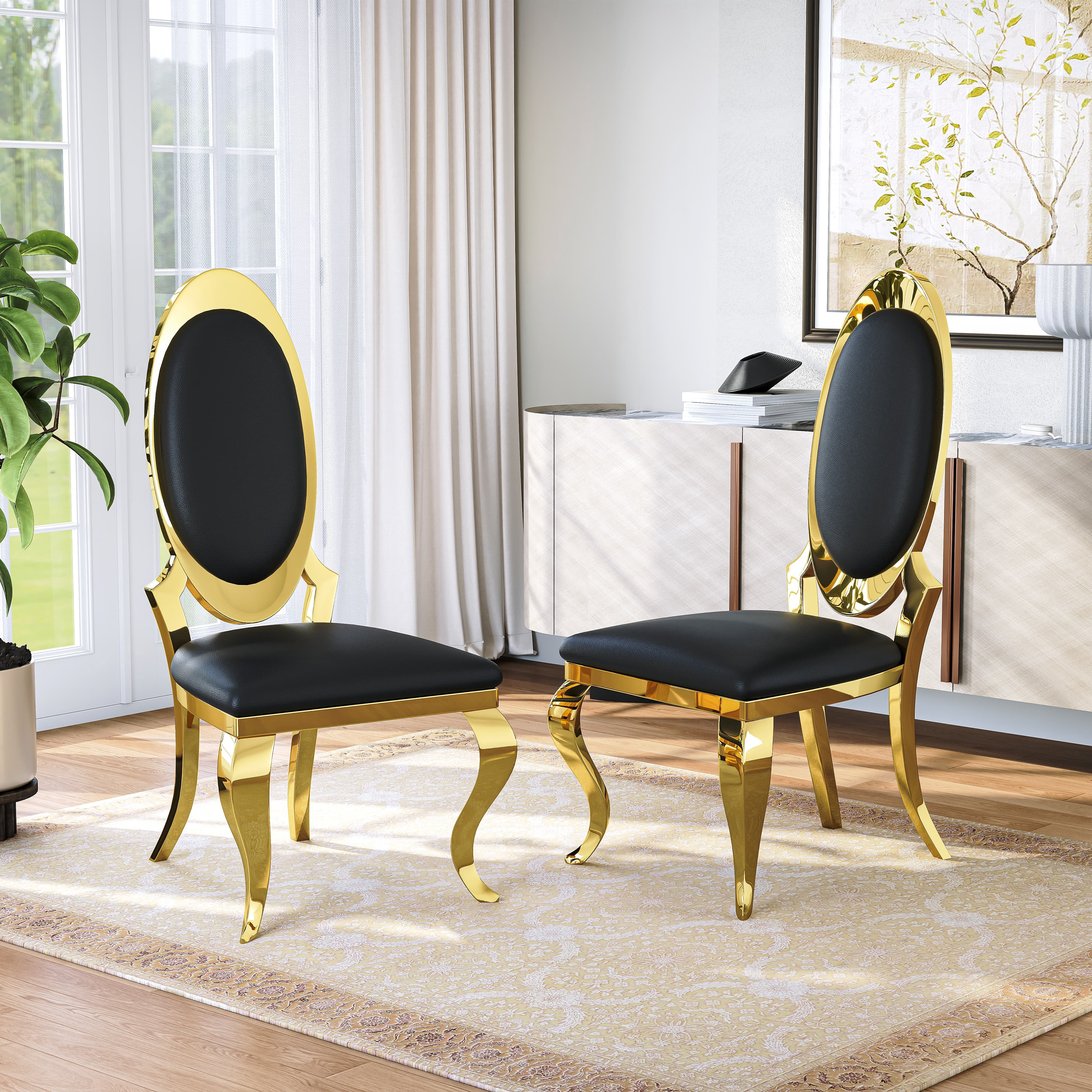 Luxury Dining Chairs Set of 4, Oval Back PU Upholstered Chairs with Stainless Steel Cabriole Legs, Dining Chairs for Kitchen, Living Room, Office