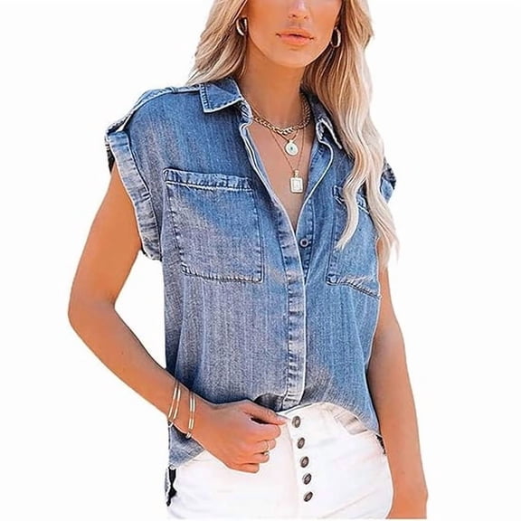 utcoco Women's Sleeveless Jean Shirts Casual Loose Denim Button Down Tops