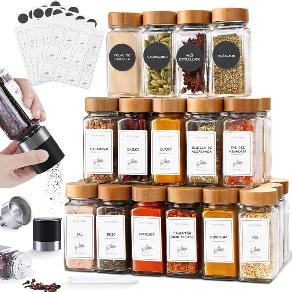 24 Especieros para Cocina, 4Onzas Frascos Especias Vidrio con Tapas,Tarros de Especias de Vidrio con Etiquetas en Blanco+Tapas de Molinillo de Pimienta +Embudo+Cepillo de Limpieza + Marcador