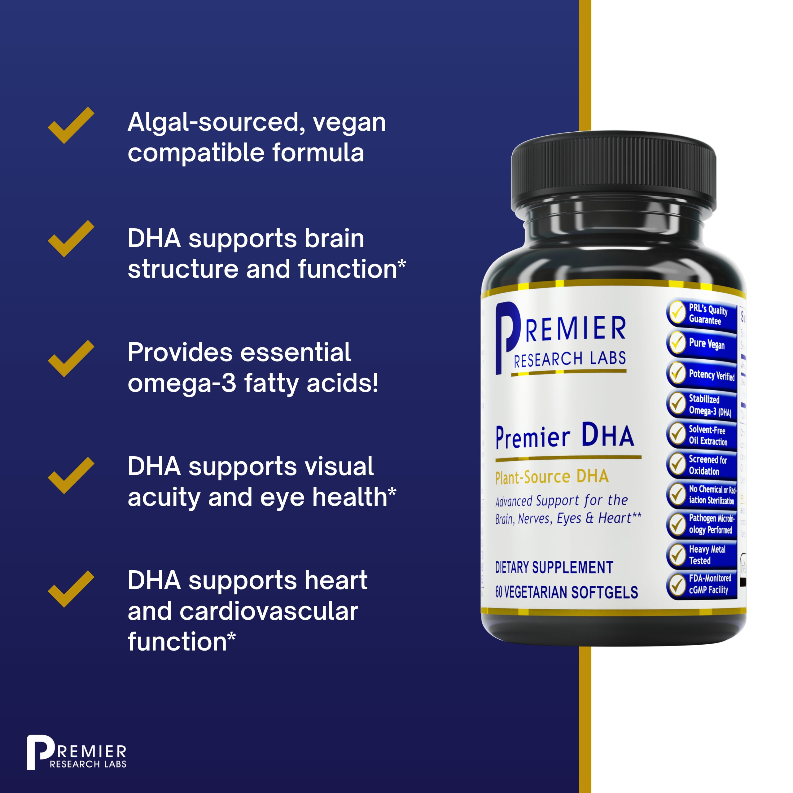 Premier Research Labs DHA - Supports Brain, Nerves, Eyes & Heart - Pure Plant Source DHA from Deep Sea Marine Algae - Gluten Free & Pure Vegan with No Added Stearates - 60 Vegetarian Softgels