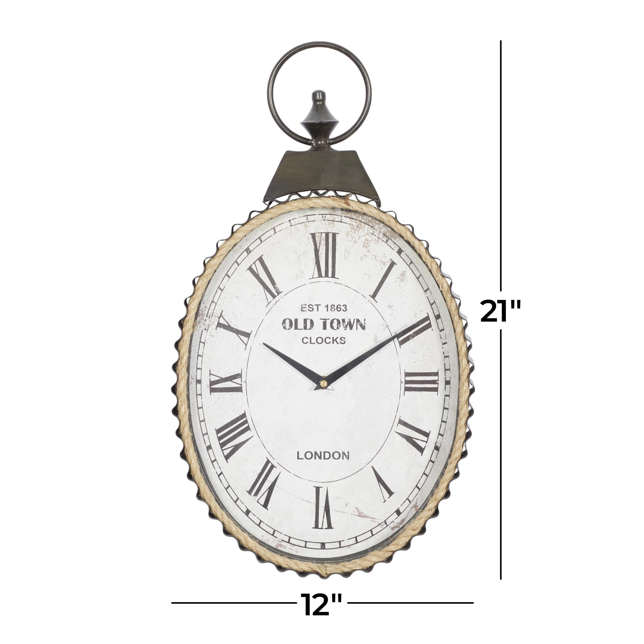 DecMode 12" x 21" Black Metal Finial Pocket Watch Style Wall Clock with Rope Accent