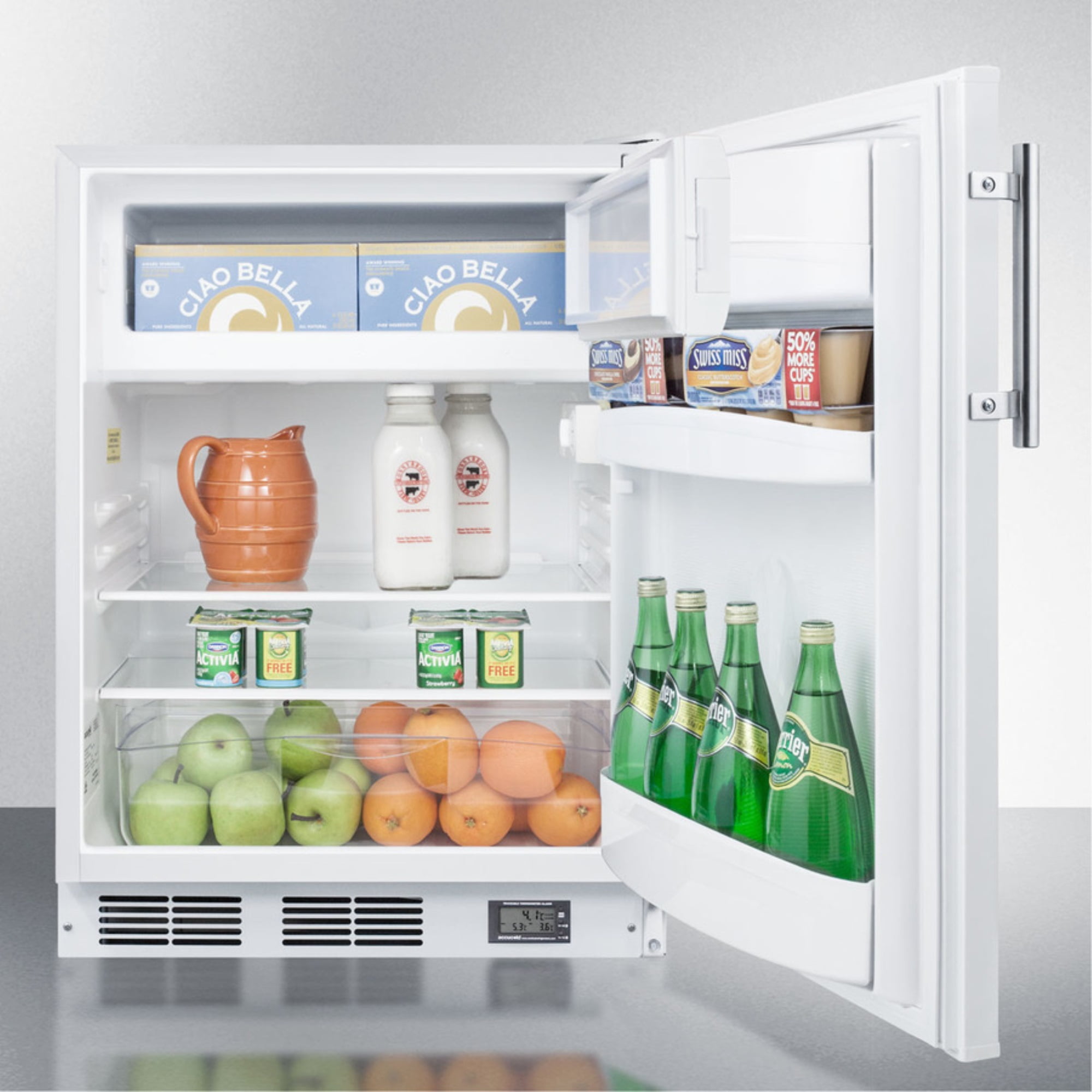 Built-in undercounter ADA compliant break room refrigerator-freezer in white with NIST calibrated thermometer and alarm