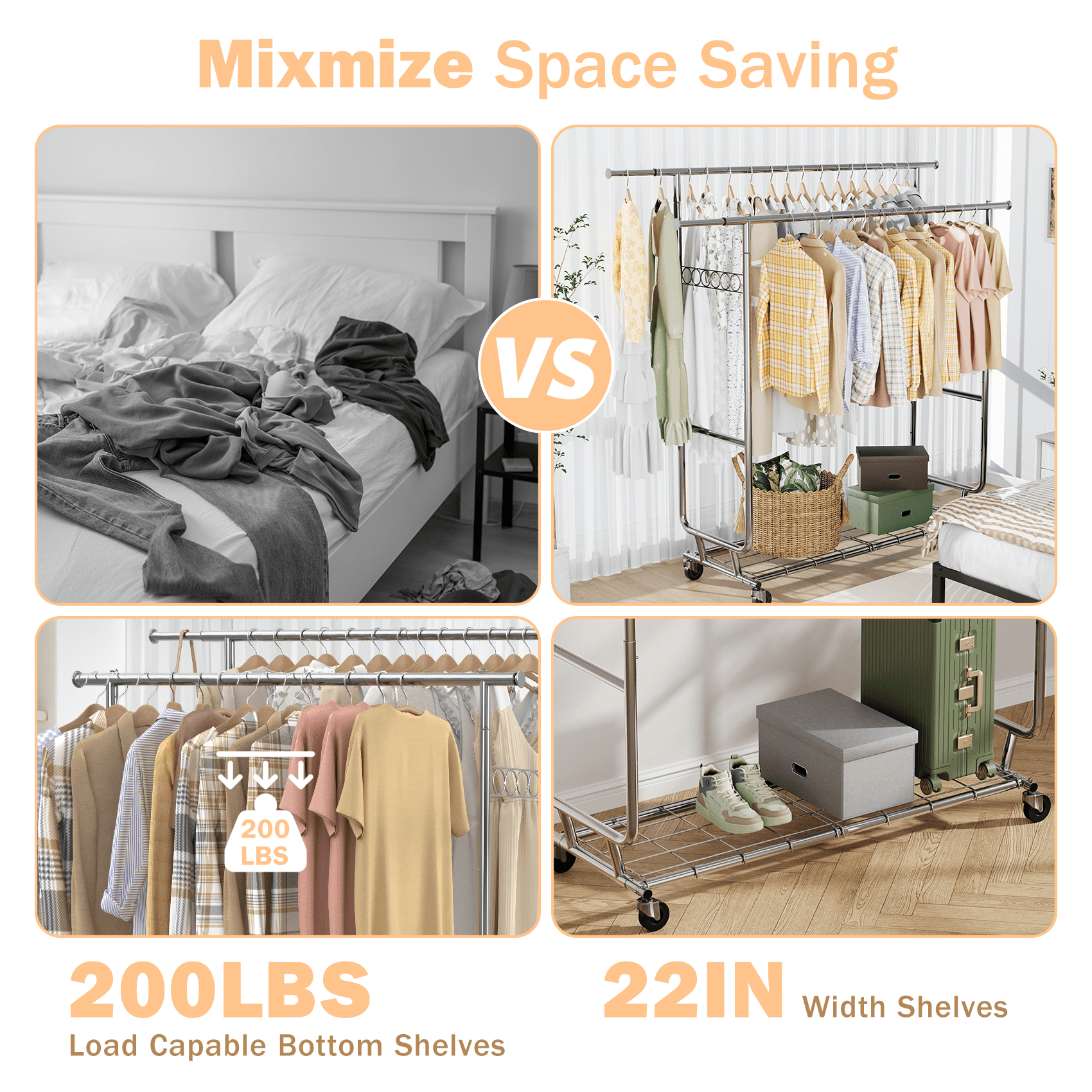 Mr IRONSTONE 600 lbs Commercial Grade Heavy Duty Garment Rack with Shelves Collapsible Clothing Racks on Wheels Rolling Clothes Rack for Hanging Clothes Portable Adjustable, Chrome Finish