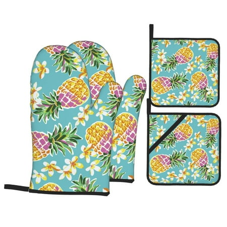 

Oven Mitts and Pot Holders Sets 4 pcs - Cute Pineapples Heat Resistant Silicone Oven Gloves with Non-Slip Silicone Surface and hot pads for kitchen Baking Cooking BBQ