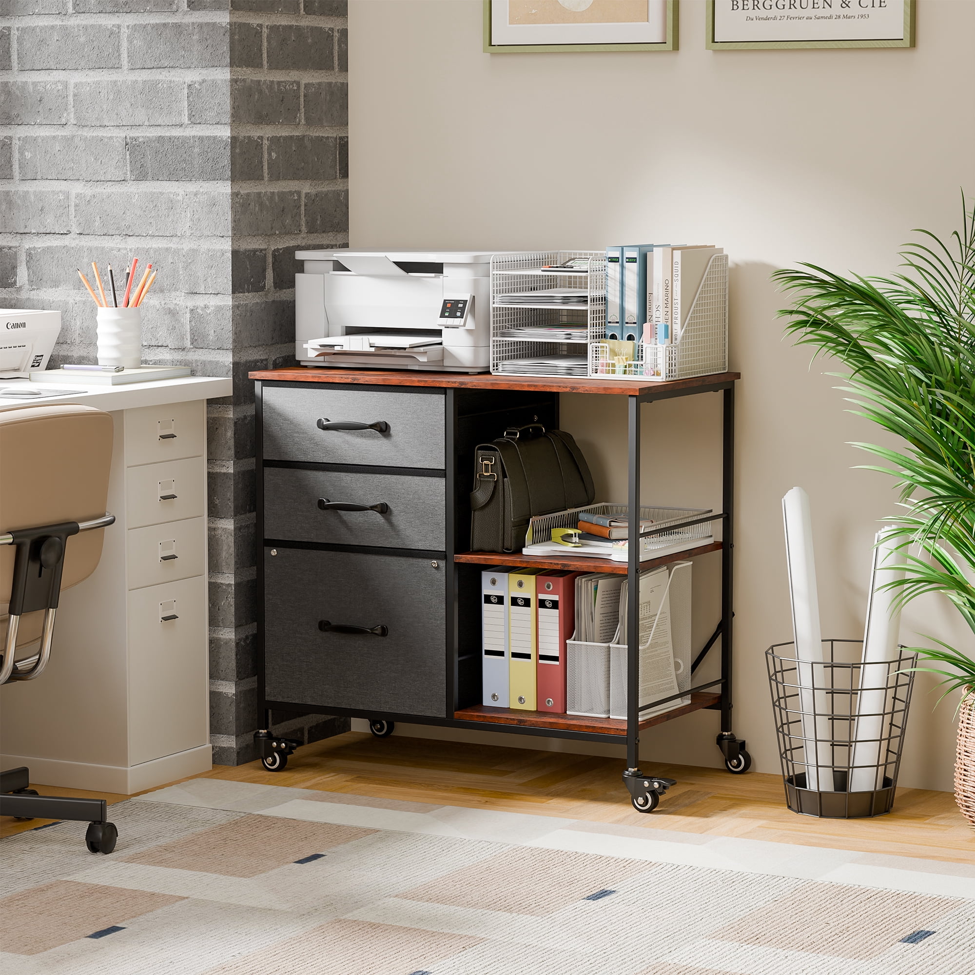 HomGarden Mobile File Cabinet, 3 Drawer Fabric Lateral Filing Cabinet fits A4, Letter Size, Printer W/Open Shelf & Lockable Wheels for Home Office, Rustic Brown