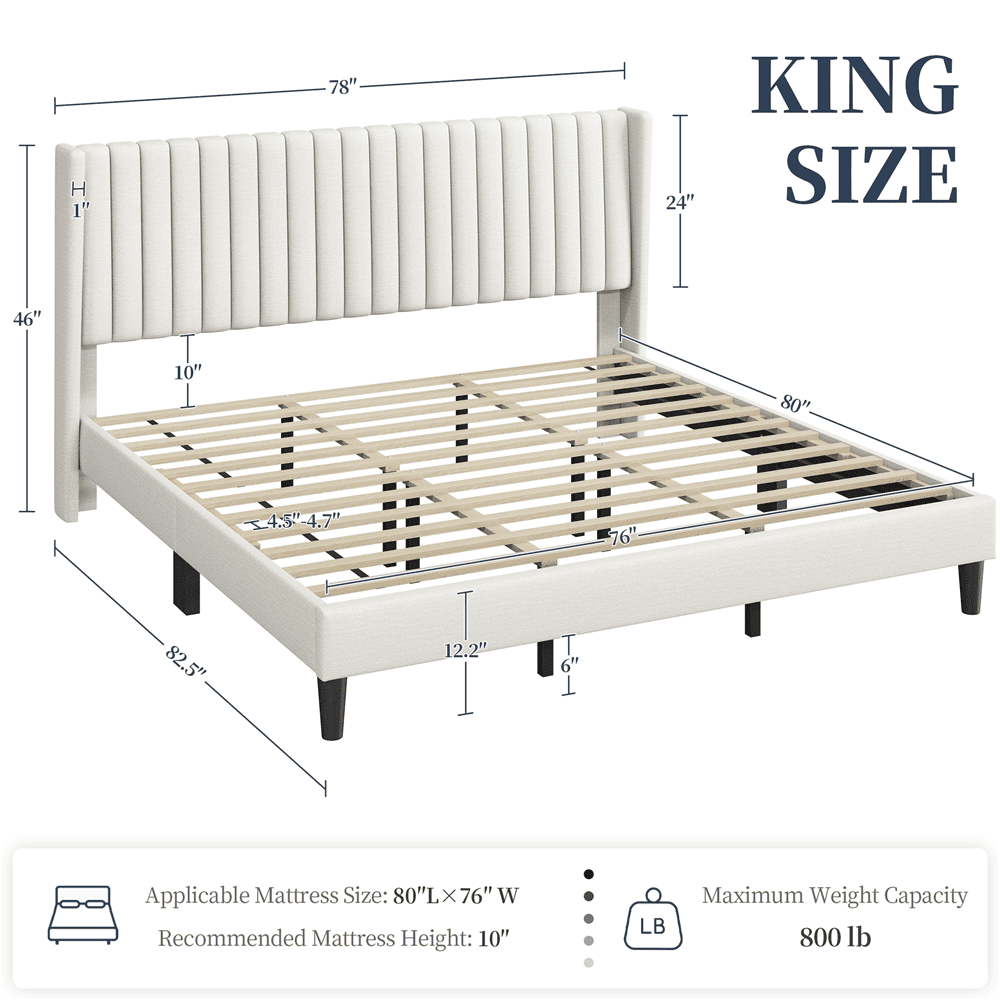 Fullfurnique Upholstered Bed Frame with Wing Side and Channel Headboard, Queen, Ivory