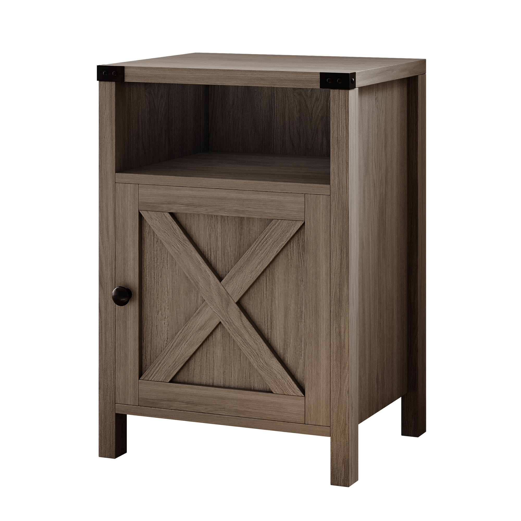 4 EVER WINNER Farmhouse Single Barn Door Side Table, Rustic Gray Storage End Table, Industrial Bedside Nightstand for Bedroom Spaces