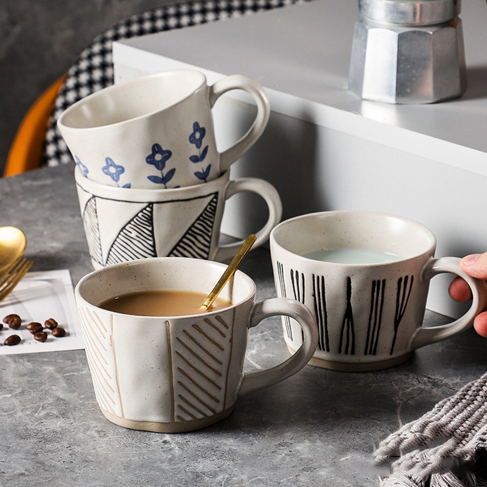 Koopman 400ml Large White Stoneware Coffee Mug - Aztec Pattern, Cappuccino Cup