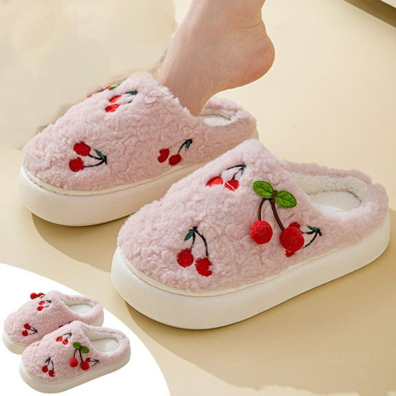 Weloille Cotton Slippers For Women In Winter Cute Cherries Internet ity Home Shoes Indoor Home Warm Thick-Soled Avoid Slipping Slippers
